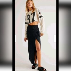 Free People Womens Navy Ribbed Knit Fitted High Slit Better Days Midi Skirt M